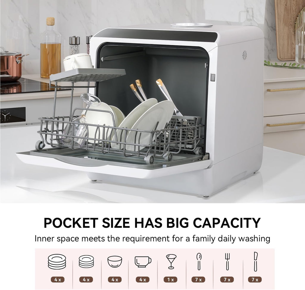 eklipt Table Top Dishwasher – Mini Countertop, 6 Programs, Built-In 5L Water Tank, Touch Control & Drying Cycle